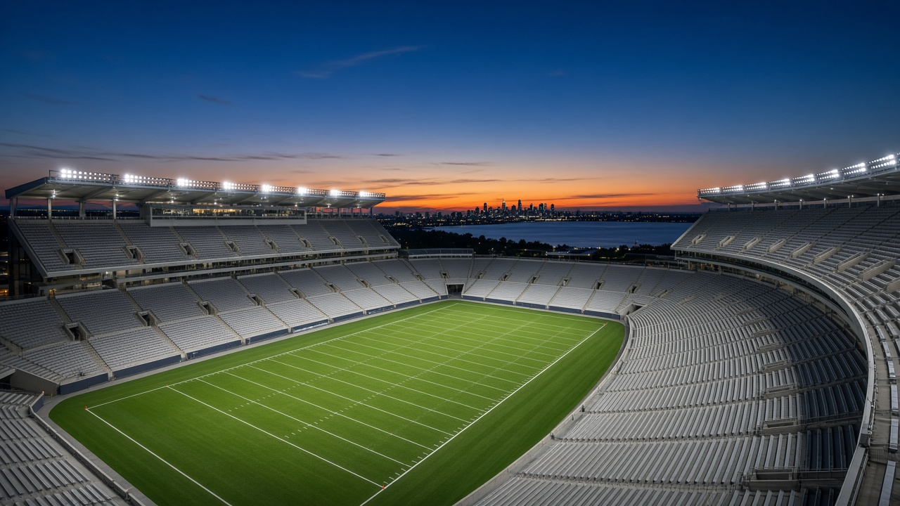 Brand-new college football stadium glowing under lights at dusk with an empty green field and a lakeside skyline in the distance