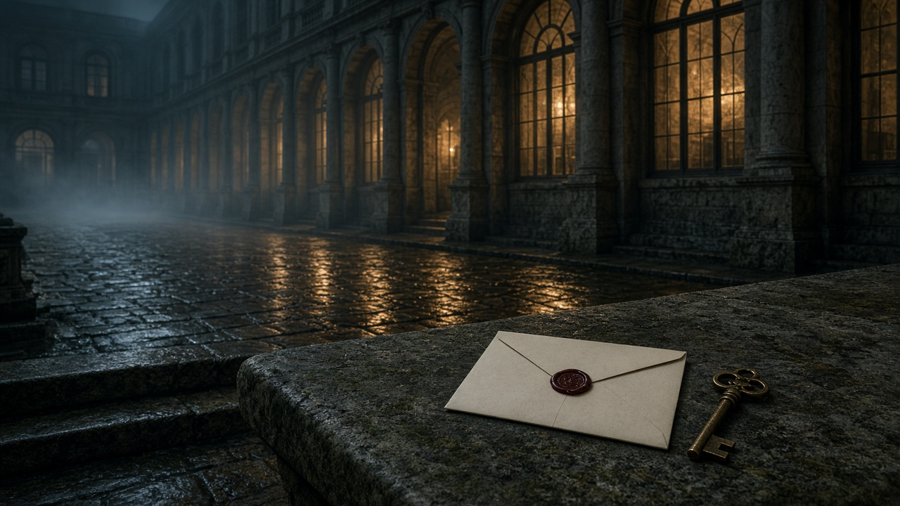 Rain-wet cobblestone courtyard of an old stone university at night with glowing arched windows, and a wax-sealed envelope and antique brass key resting on a stone ledge