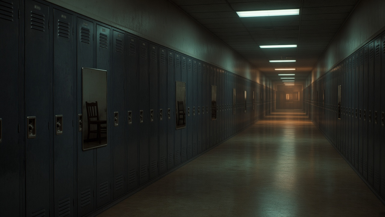 Empty suburban high-school hallway at dusk with flickering fluorescent lights, rows of lockers, and locker mirrors reflecting a slightly wrong empty chair silhouette