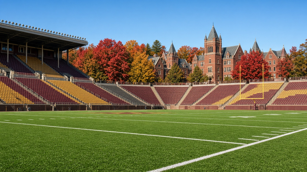 Empty college football stadium on a crisp New England autumn day with maroon and gold seats, green turf with white yard lines and red and orange fall foliage beyond the stands