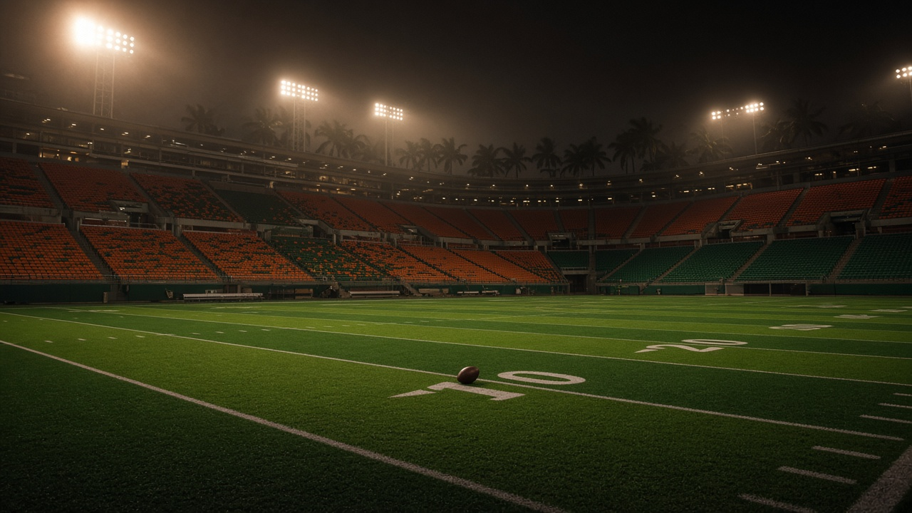 Empty open-air football stadium in South Florida on a sunny afternoon, palm trees beyond the upper rim, tiers of empty seats and a football resting on the grass near a white yard line