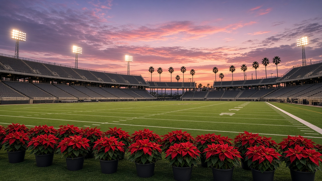 An empty open-air football stadium at dusk with stadium lights on, red poinsettias along the sideline and palm trees under a pink sunset sky