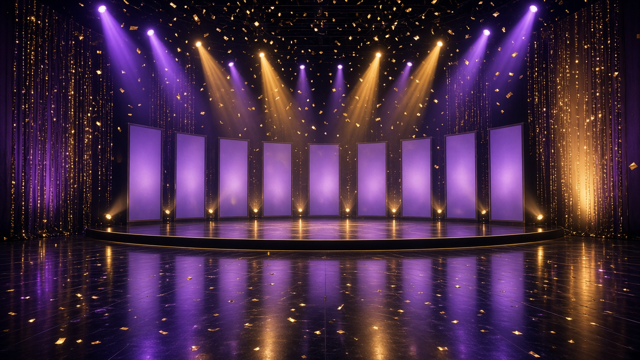An empty TV studio stage with purple and gold spotlights, falling gold confetti, glittering streamers and a row of blank glowing screens