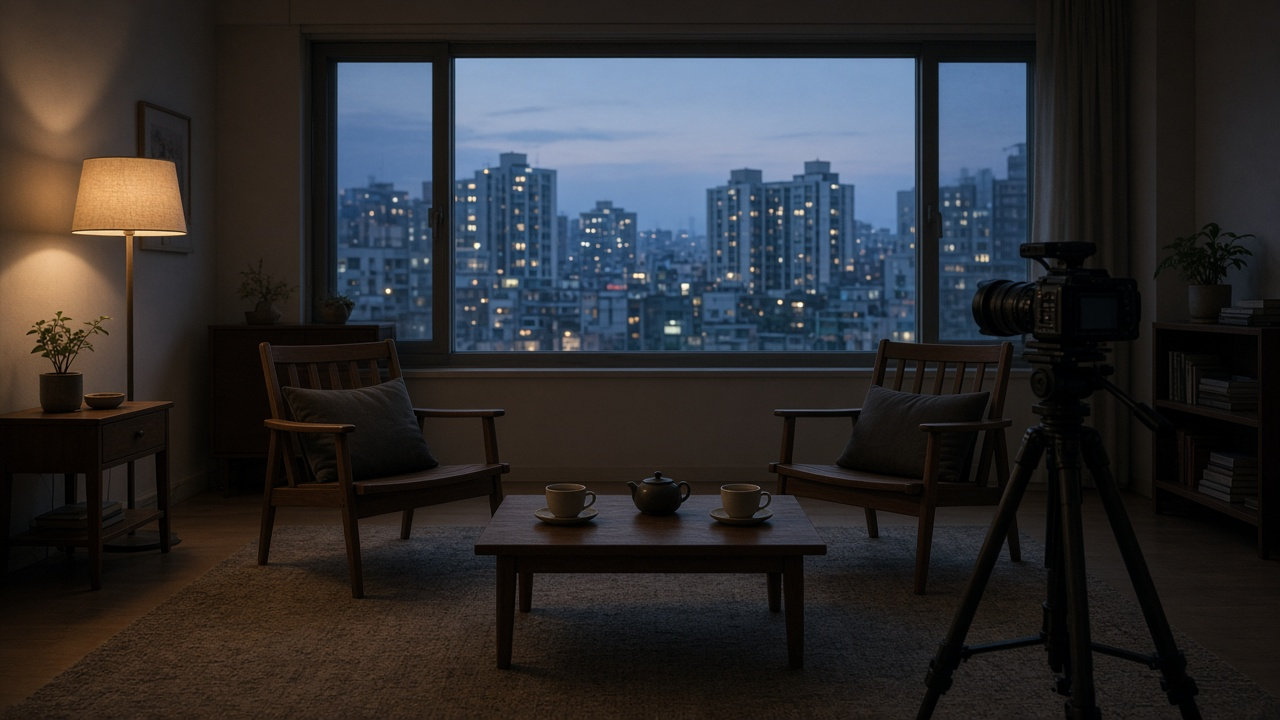 Two empty chairs facing each other in a quiet Seoul apartment at twilight, a documentary camera on a tripod beside them and city lights through the window, no people, no text, no logos