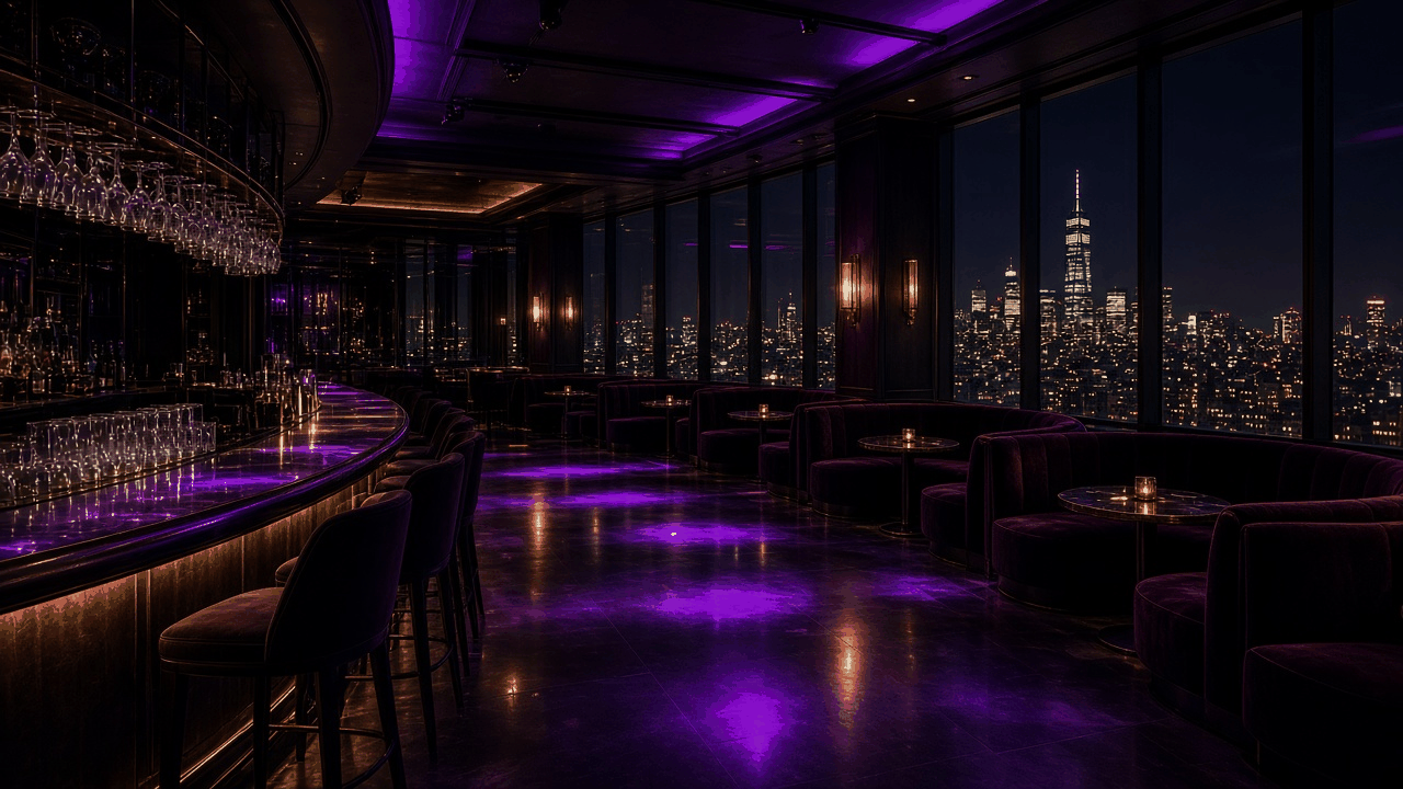 Dark city skyline above an empty nightclub entrance at night, with no people, text or logos