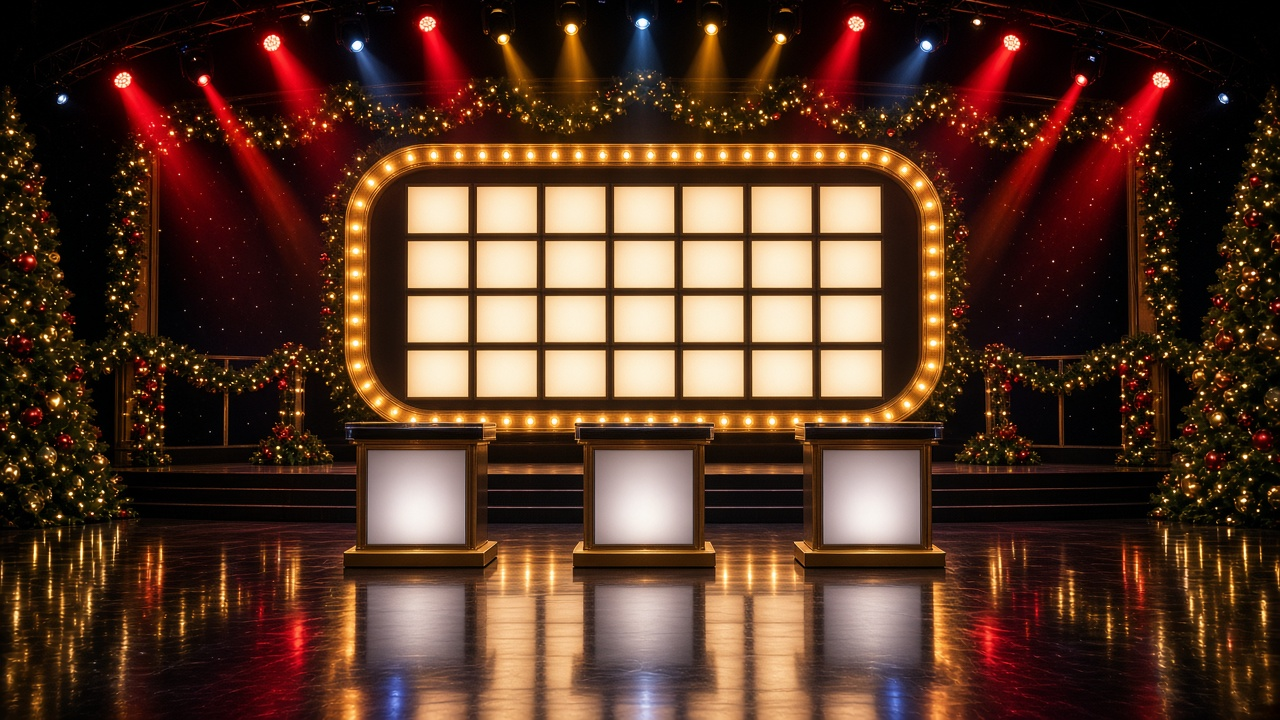 An empty game show stage decorated for the holidays with a glowing board of blank light panels, three empty podiums, Christmas trees and red and gold spotlights