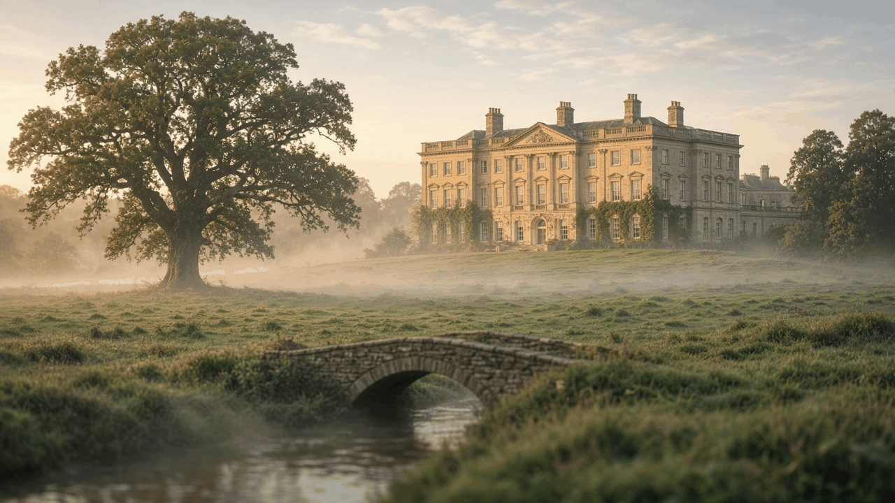 Grand Georgian country house at golden hour across a misty English meadow with an old oak tree and a stone footbridge, no people, no text, no logos