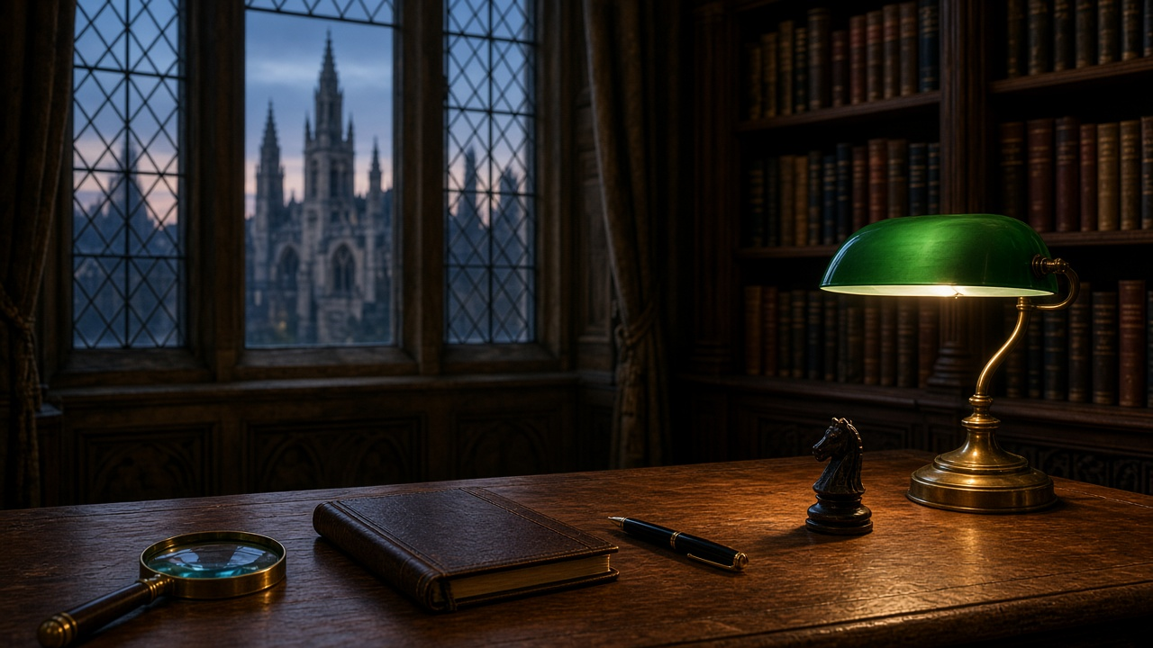 Empty Cambridge university study at dusk with a magnifying glass, notebook and green desk lamp, misty college spires outside the window, no people