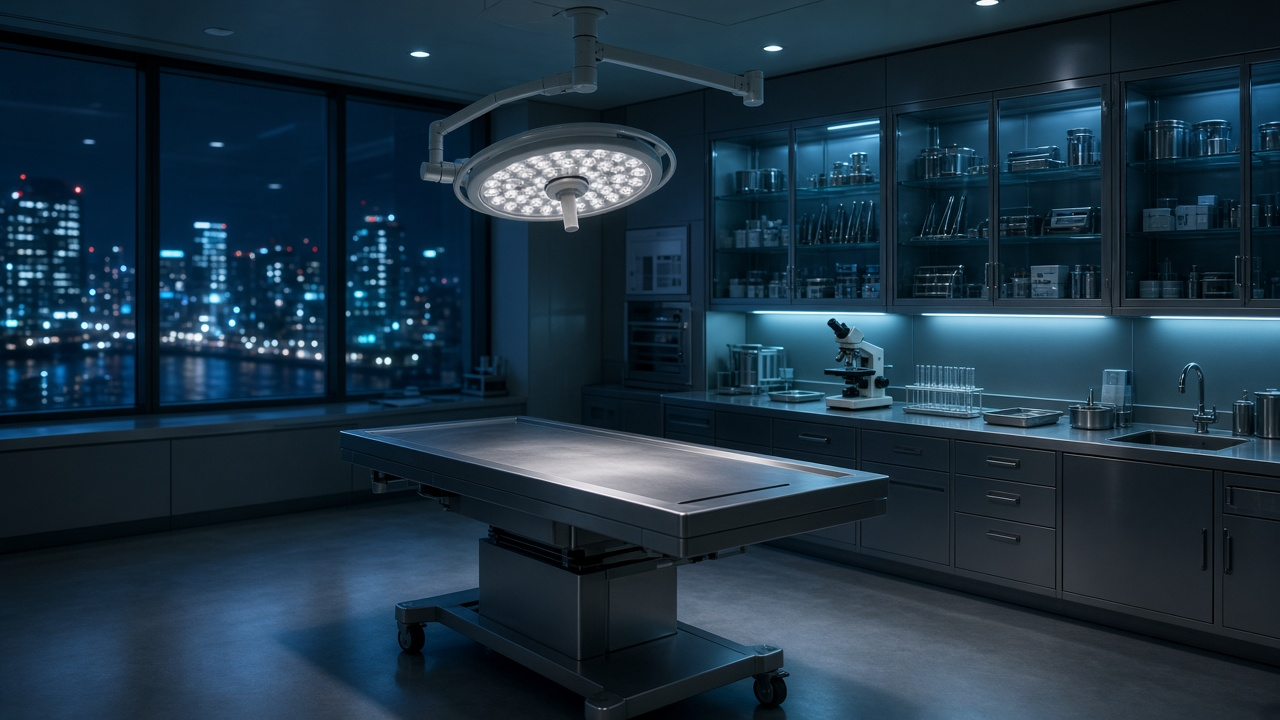 Empty modern forensic lab at night with a steel examination table under a surgical lamp, glass instrument cabinets, a microscope and city lights through the window