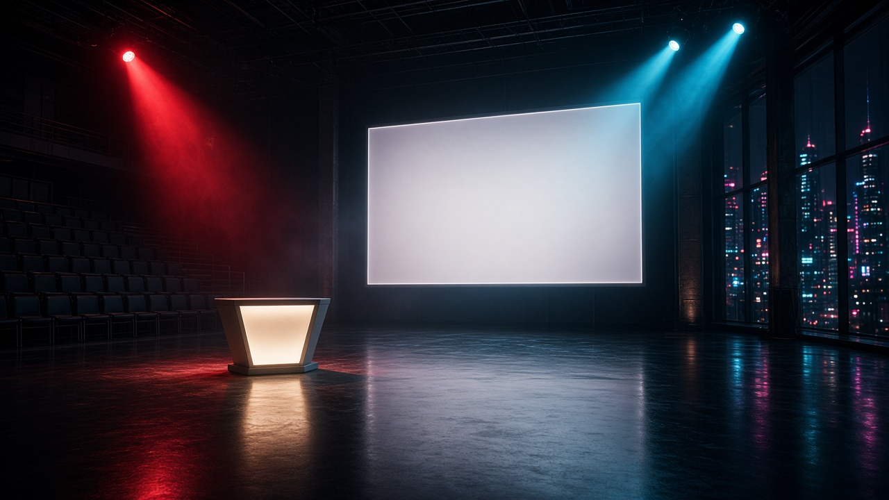 Empty television game-show studio at night with a glowing podium, red and cyan spotlights in haze, empty audience seats and city lights through tall windows