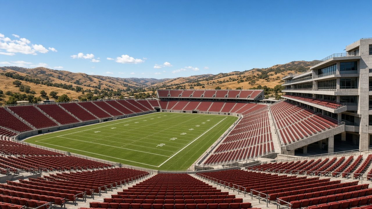 Empty open-air football stadium with red seats on a sunny afternoon, no people