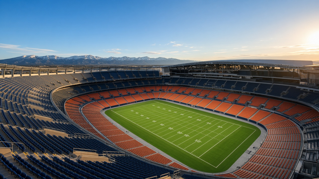 Empty open-air football stadium with snow-dusted mountains on the horizon on a clear late-autumn afternoon, no people