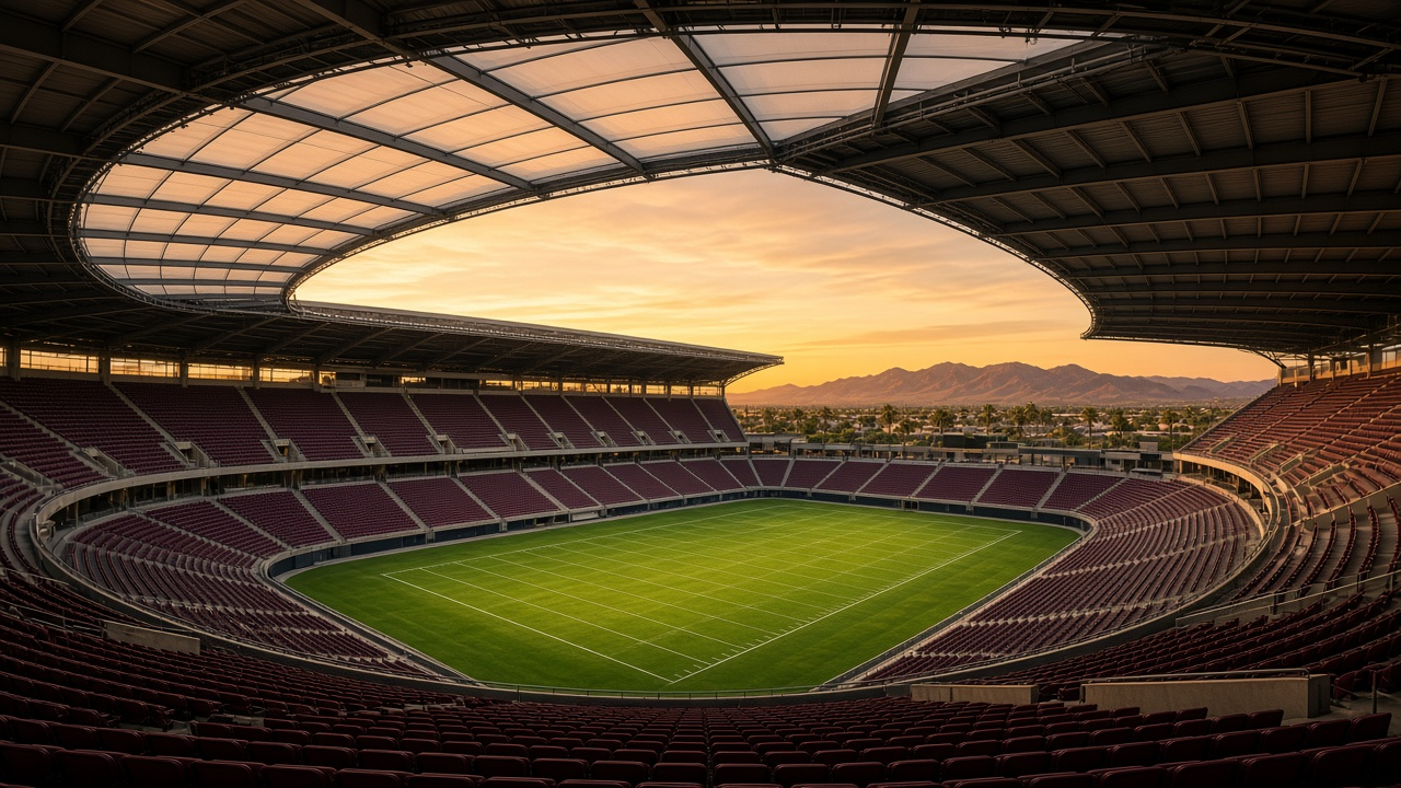 Empty desert football stadium with a translucent roof and tall palm trees outside at golden hour, no people
