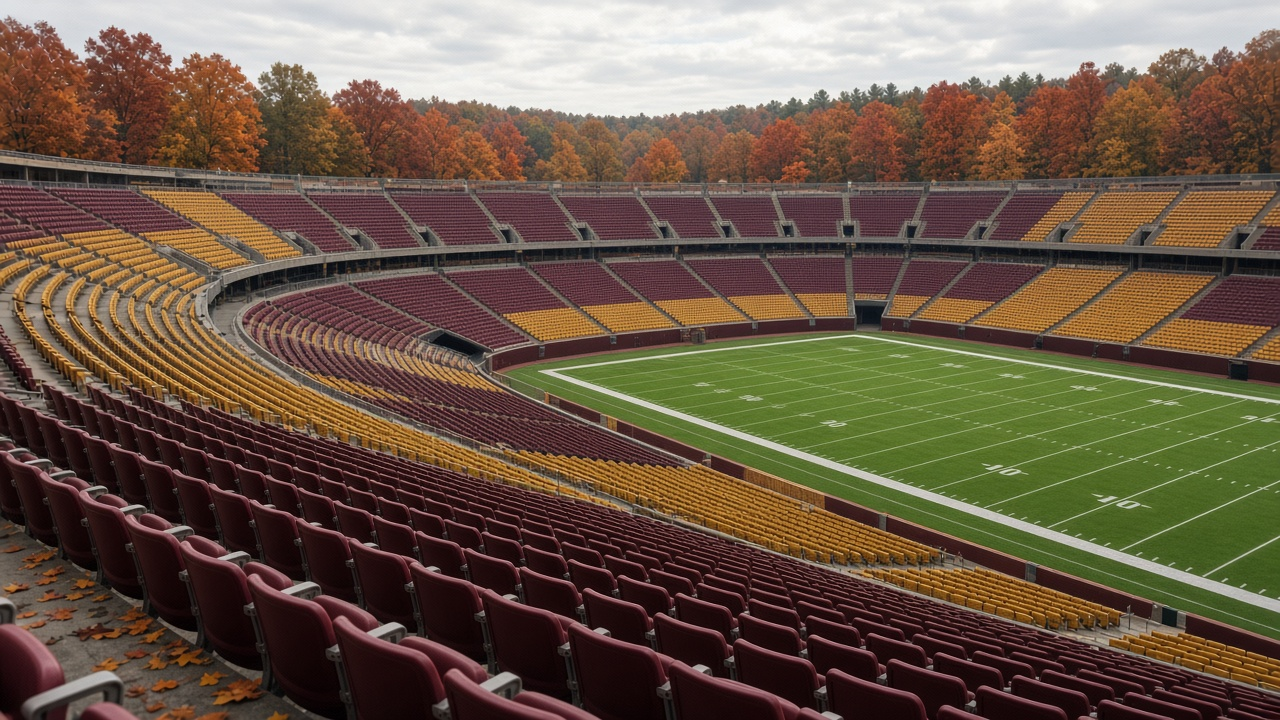 Empty football stadium on a cool autumn afternoon with empty seats and fall trees beyond, no people
