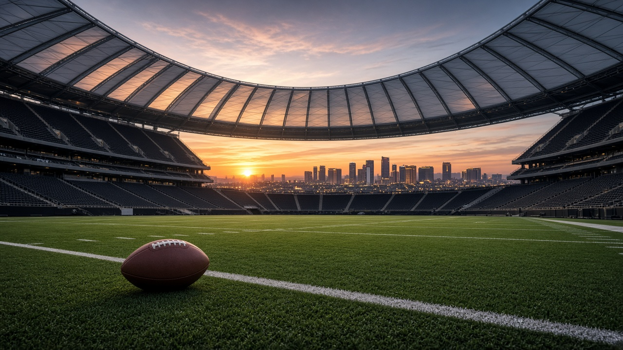 Empty enclosed desert football stadium at dusk with a translucent roof glowing orange and violet, empty seats, white yard lines on green turf and a single football resting near the sideline