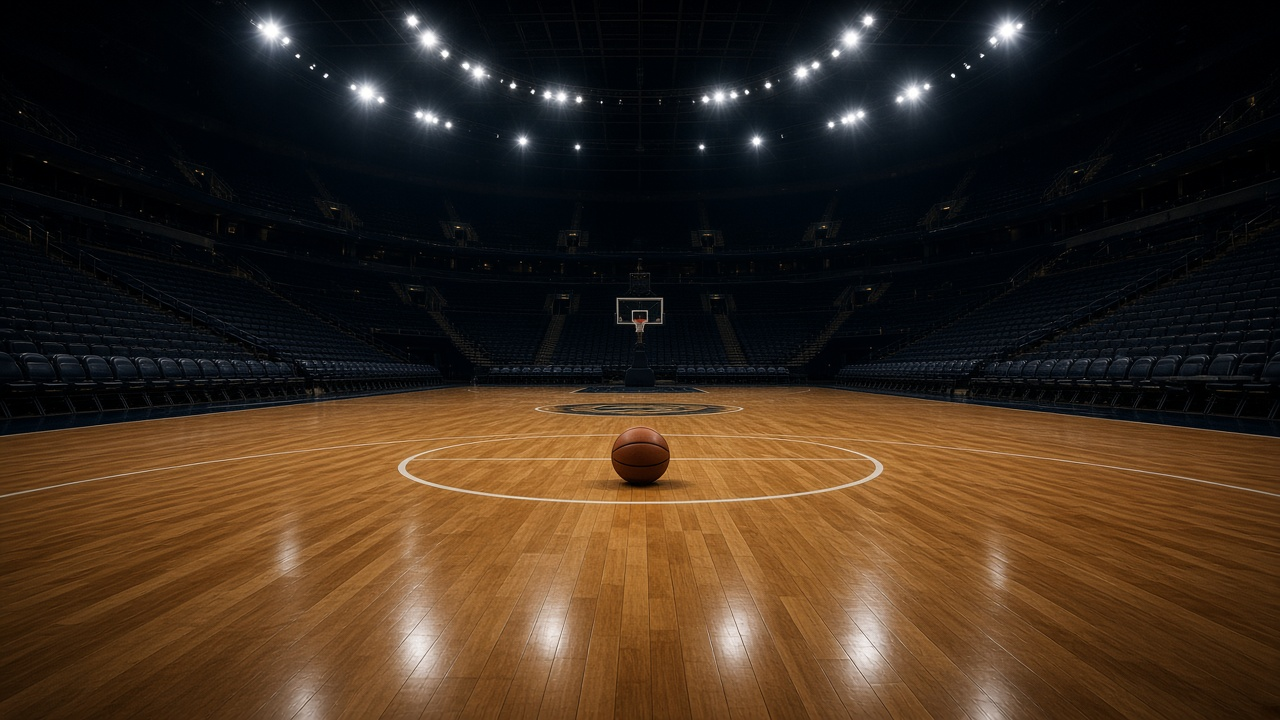 Empty NBA arena with a polished hardwood court under bright lights, rows of empty seats, basketball resting at center court, no people