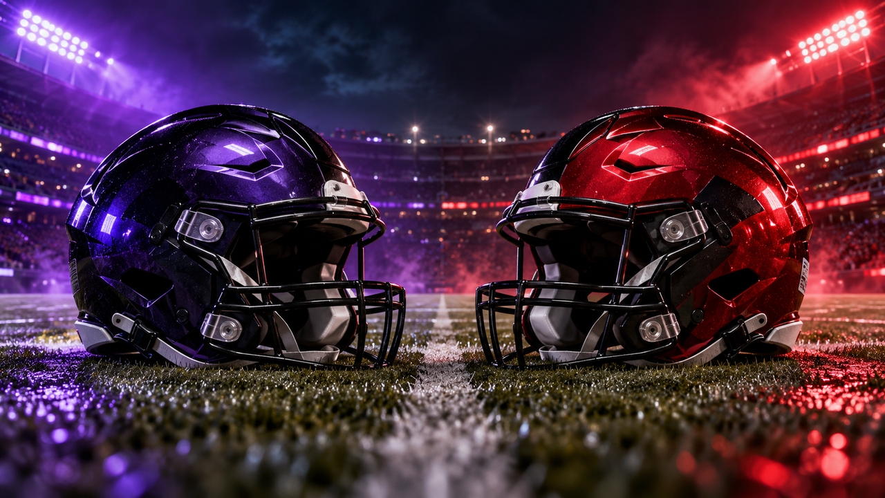 Purple and black and red and black football helmets under dramatic Sunday night lights