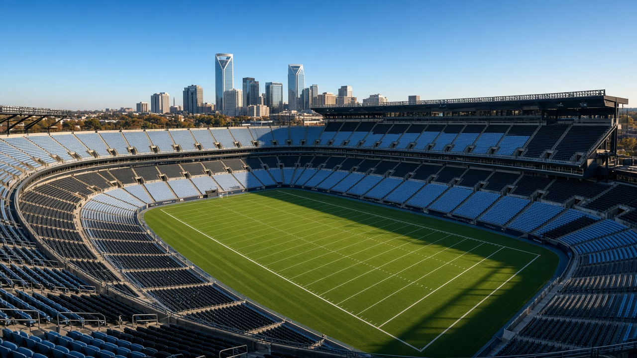 An empty open-air football stadium with black and light blue seats and a city skyline beyond it