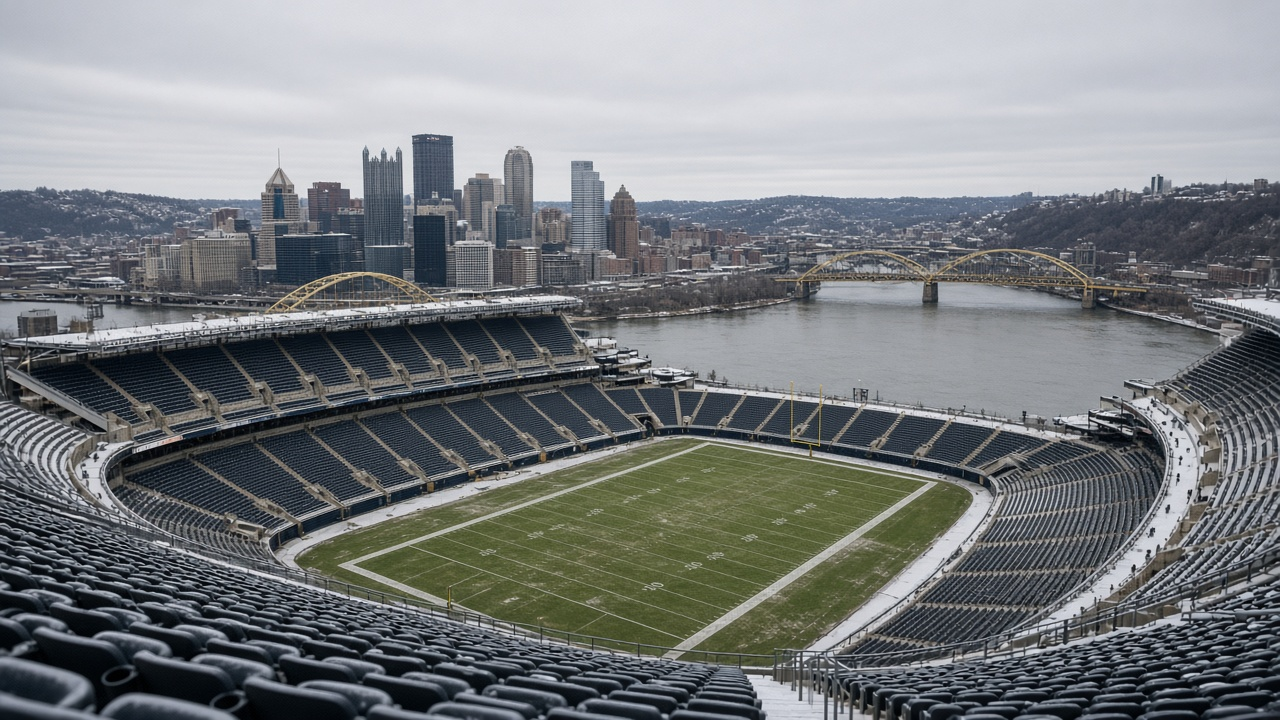 Empty open-air football stadium beside a river and steel bridges under a cold gray December sky, no people