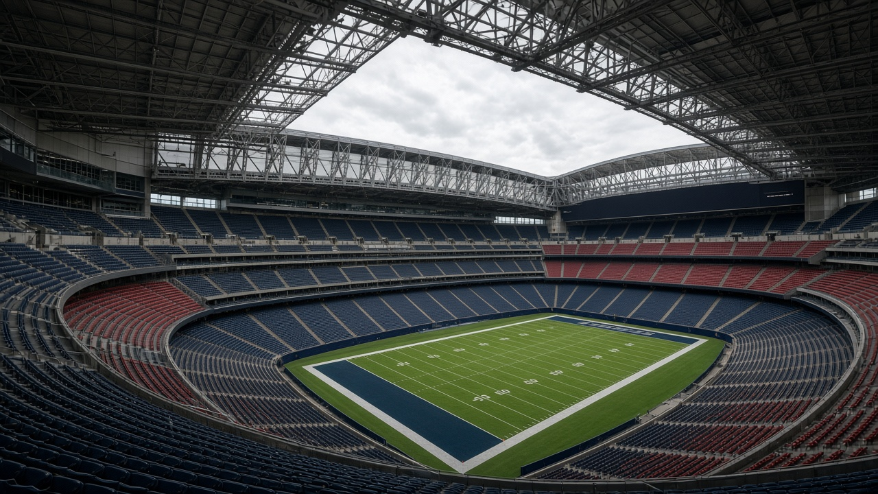 Empty football stadium with a retractable roof open to a soft late-autumn sky, no people