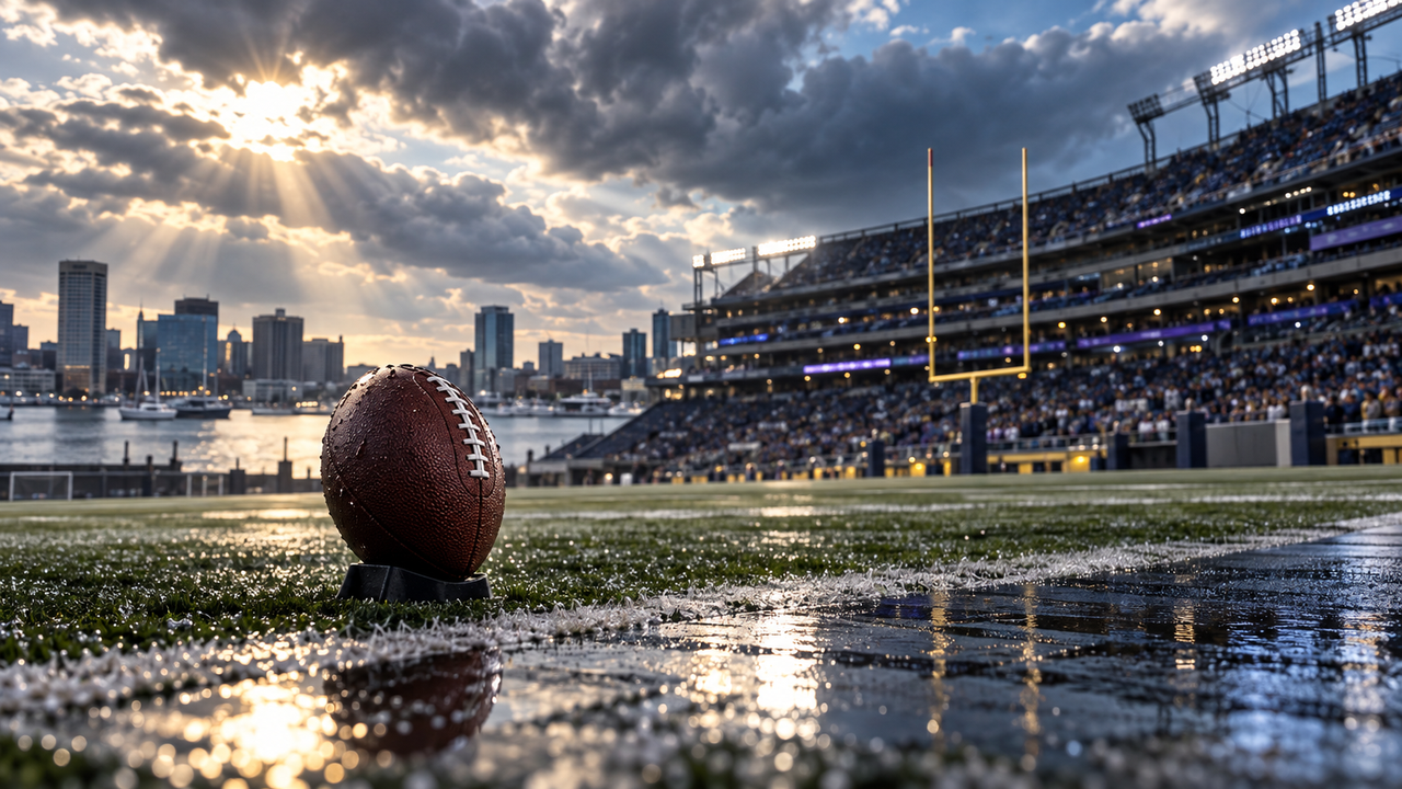 Rain-wet football field beside a city waterfront under dramatic afternoon clouds