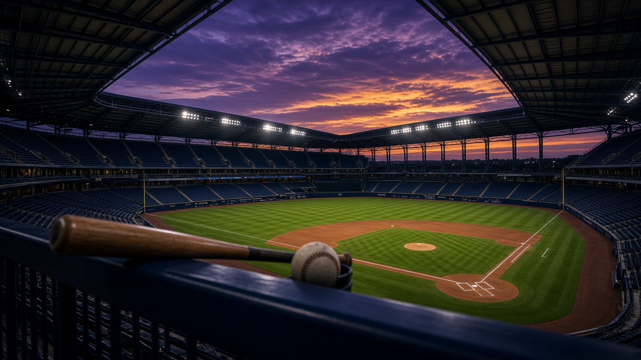 Empty open-roof baseball stadium at dusk with a purple and orange sky, lights on, and a bat and baseball resting on a railing in the foreground, no people