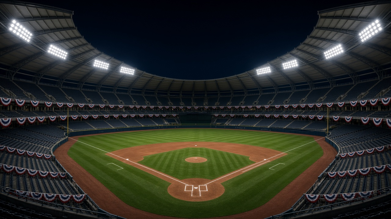 Empty retractable-roof ballpark at night with the roof open, lights on, freshly raked infield and bunting on the rails, no people