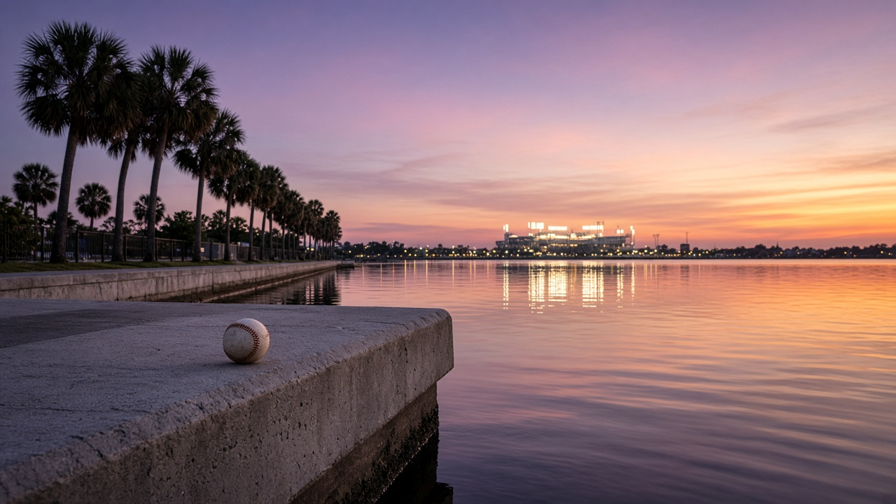 Empty Tampa Bay waterfront at twilight with a quiet ballpark glowing in the distance, palm trees and calm bay water, no people