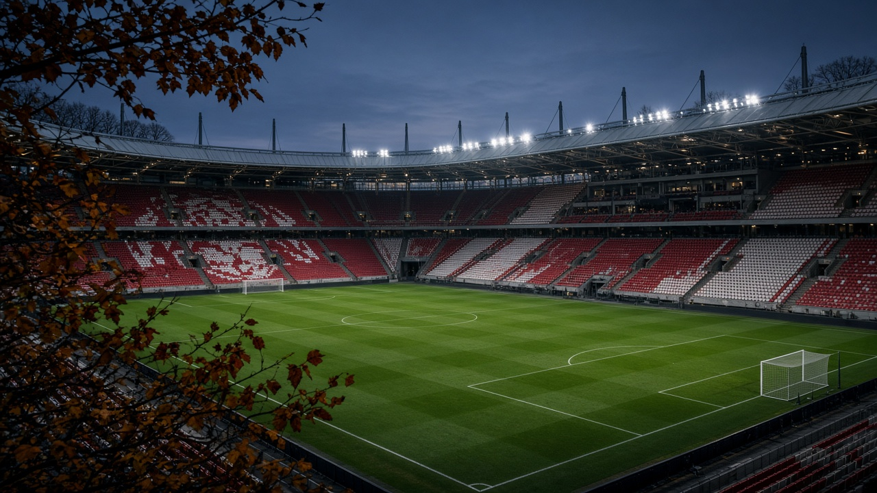 Empty modern football stadium with red and white seats and a green pitch under floodlights, no people