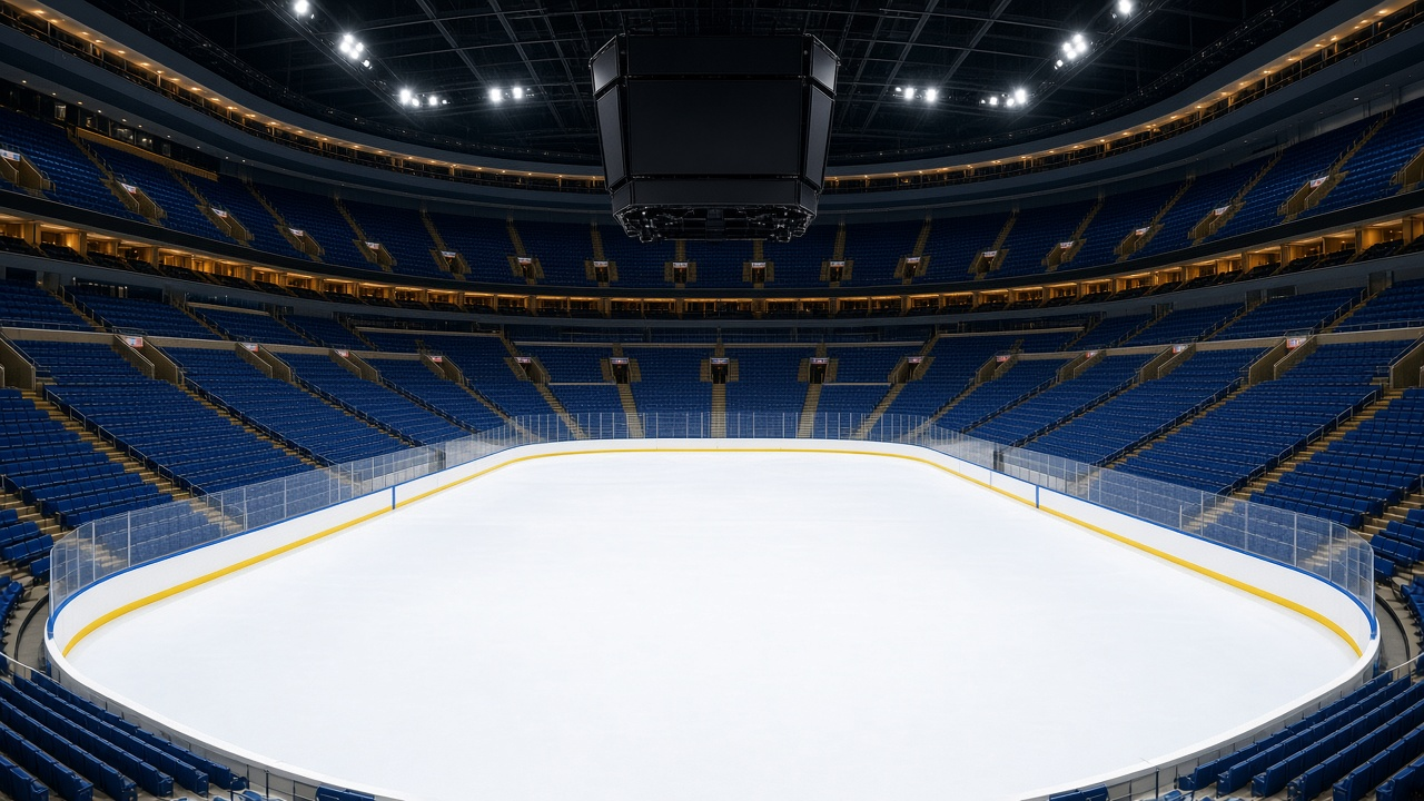 Empty hockey arena with crisp white ice and rows of blue and gold seats, no people