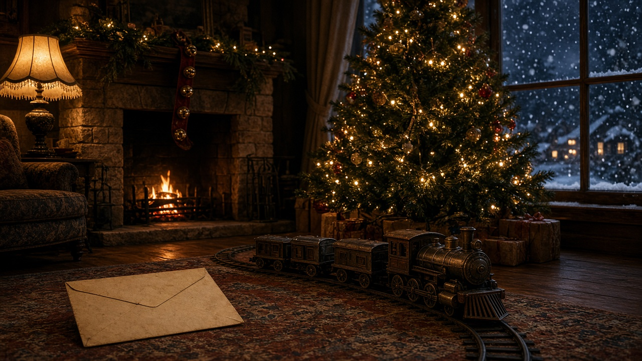Faded handwritten-style Christmas wish list envelope beside a vintage toy train under a lit Christmas tree in a cozy living room, no people