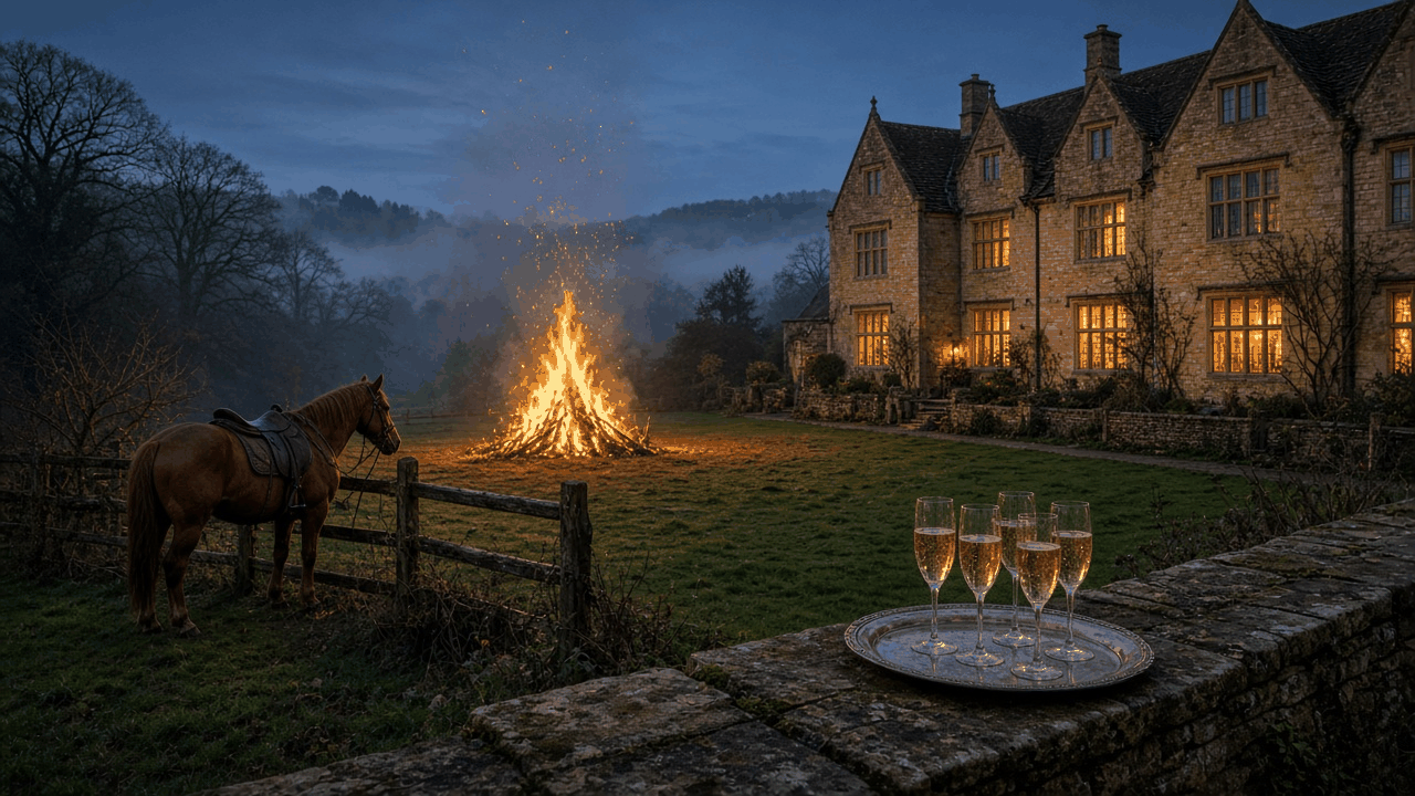 An empty grand English country house at dusk, with no people, text or logos
