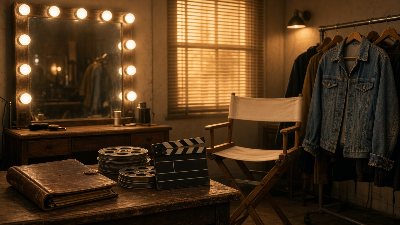 An empty vintage dressing room with a bulb-lit mirror, a director's chair, film reels, a blank clapperboard and a denim jacket on a rack in warm amber light, no people, no text, no logos