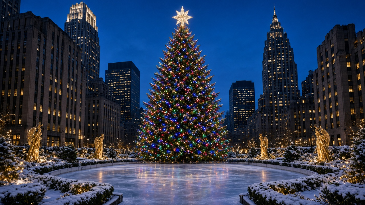 A tall Christmas tree covered in multicolored lights with a star on top, above an empty ice rink between New York skyscrapers at night