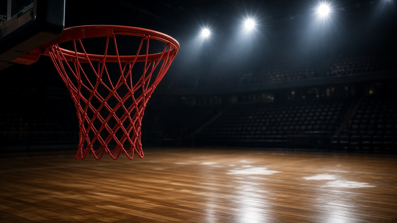 Close view of a basketball hoop with a red net under bright arena spotlights, with empty dark stands and a glossy hardwood floor behind it