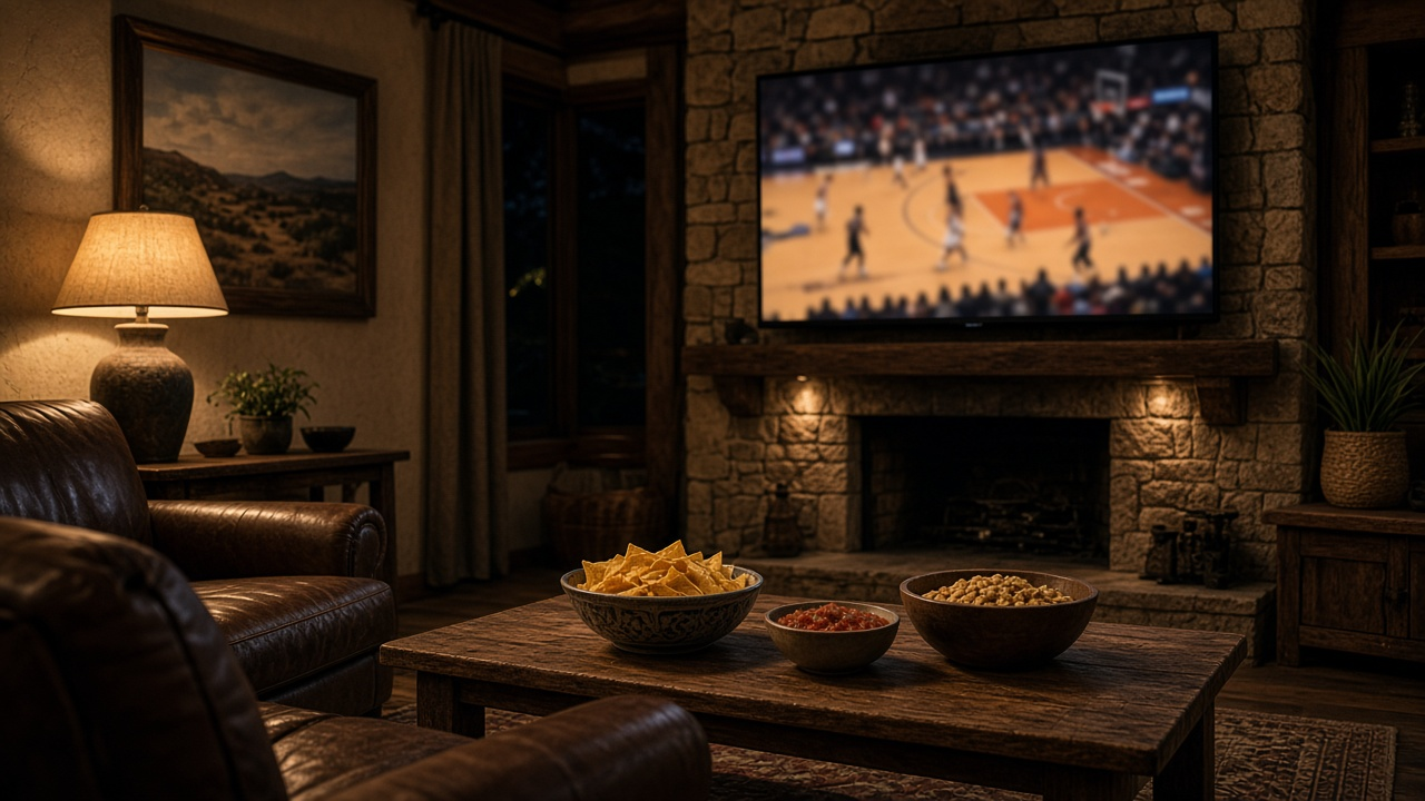 Cozy Texas living room at night with a big wall-mounted TV showing a blurred basketball game, warm lamp light and snacks on a wooden coffee table