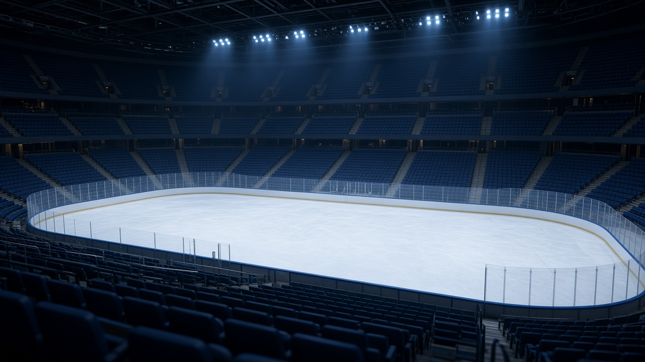 Empty NHL arena interior with cool blue-white lights over unmarked ice and empty seats, no people, logos or text