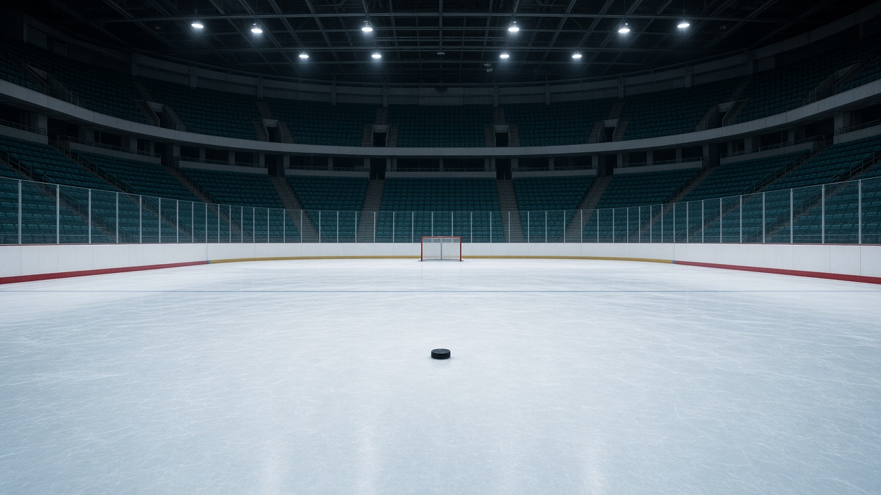 Empty NHL arena with a freshly resurfaced ice rink, goal nets in place, rows of empty teal-toned seats, puck at center ice, no people