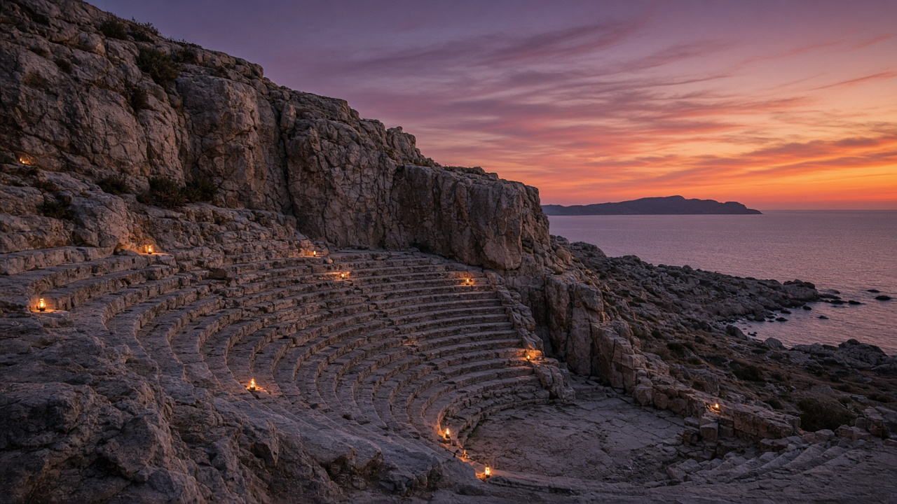 Empty ancient stone quarry amphitheater in Greece at dusk with a faint volcanic orange glow on the horizon, photoreal, no people, text or logos