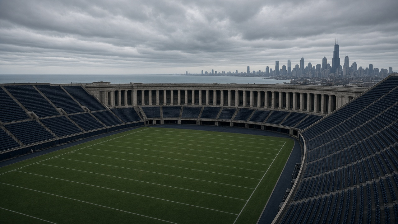 An empty lakefront football stadium with stone colonnades and navy seats under a gray sky, with a city skyline beyond