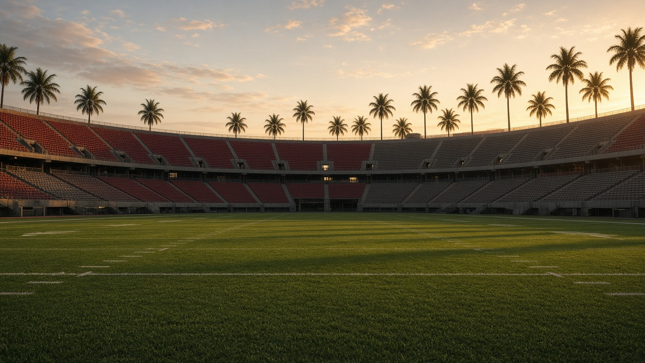 An empty football stadium with red seats and palm trees along the rim at golden hour