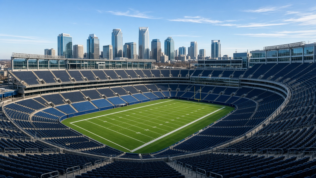 Empty open-air football stadium beside a city skyline under a clear December sky, no people