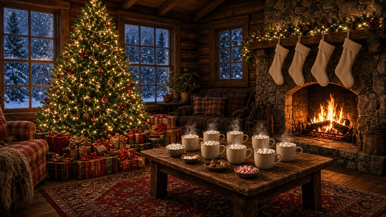 Cozy log cabin living room at night with a lit Christmas tree, a pile of wrapped presents, mugs of hot cocoa on a wooden table and a fire in a stone fireplace while snow falls outside