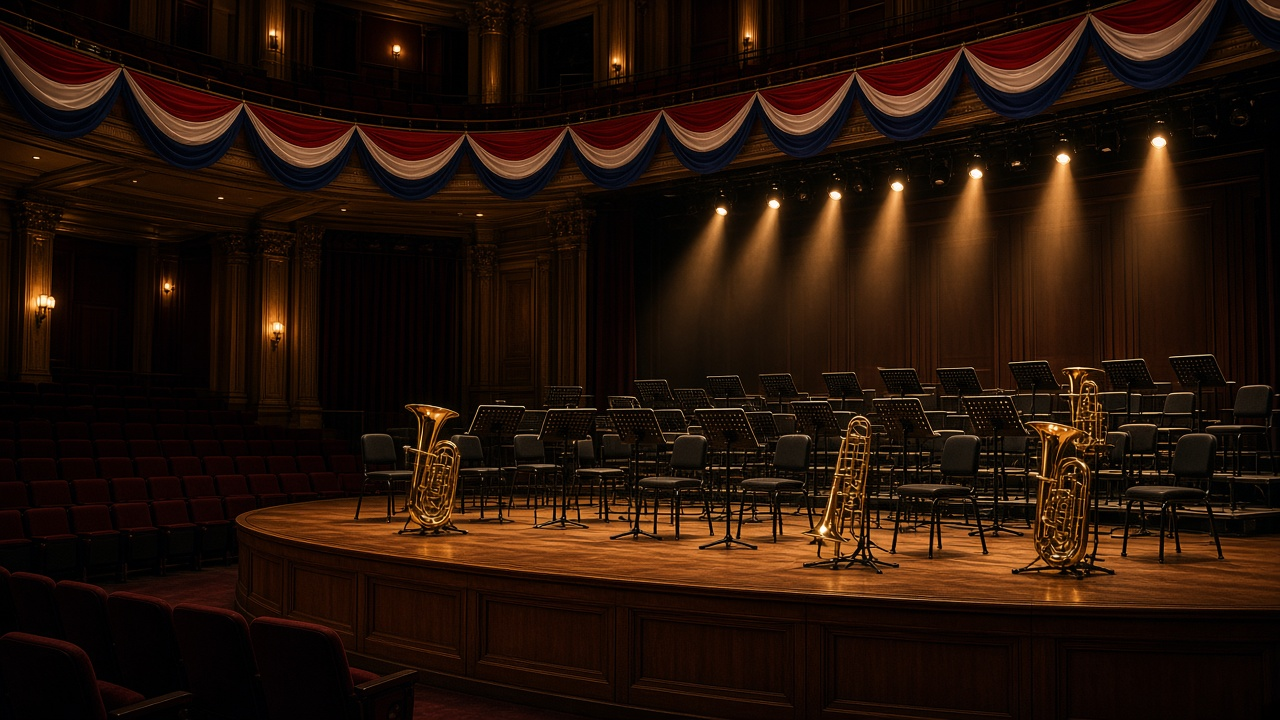 Empty concert stage with brass instruments on stands and red, white and blue bunting, no people