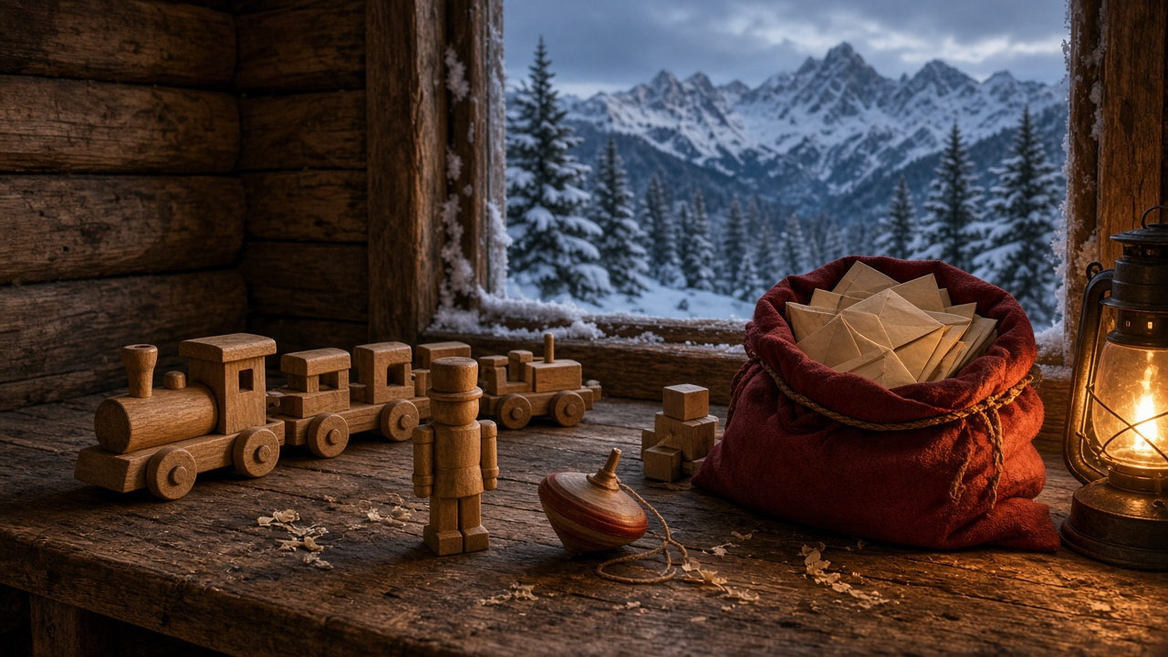 A rustic mountain workshop bench with hand-carved wooden toy trains, a toy soldier and a spinning top beside a red sack of letters and a glowing lantern, with snowy pines and peaks outside the frosted window