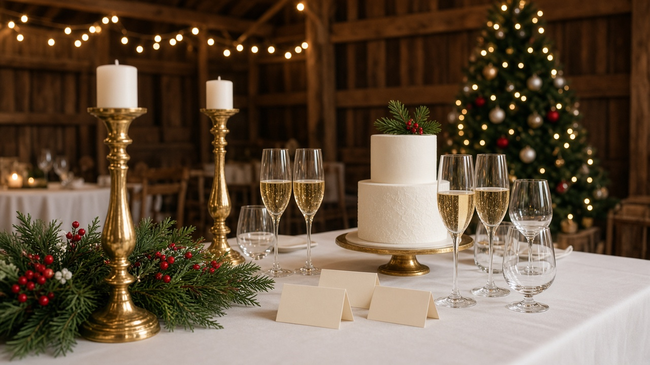 Winter wedding reception table with candles, evergreen garlands and a blank place card under twinkling lights, no people