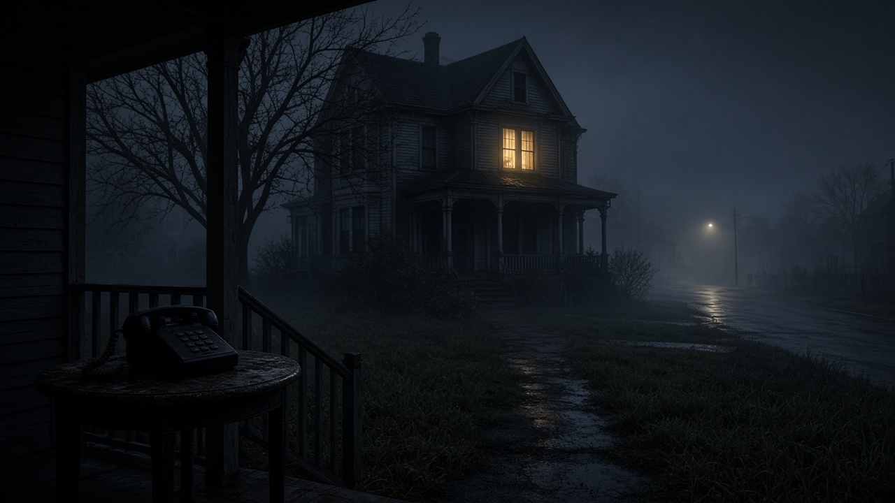 Empty foggy suburban street at night with a single porch light glowing on a darkened house and quiet sidewalks, photoreal cinematic mood, no people or text
