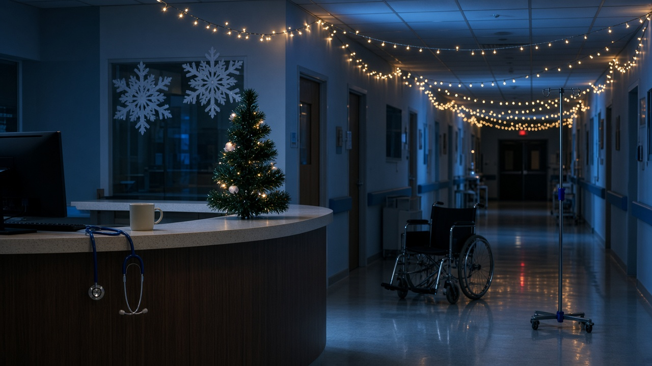 An empty hospital hallway at night decorated for Christmas with string lights, paper snowflakes, a small tree on the nurses station, a stethoscope, a wheelchair and an IV stand