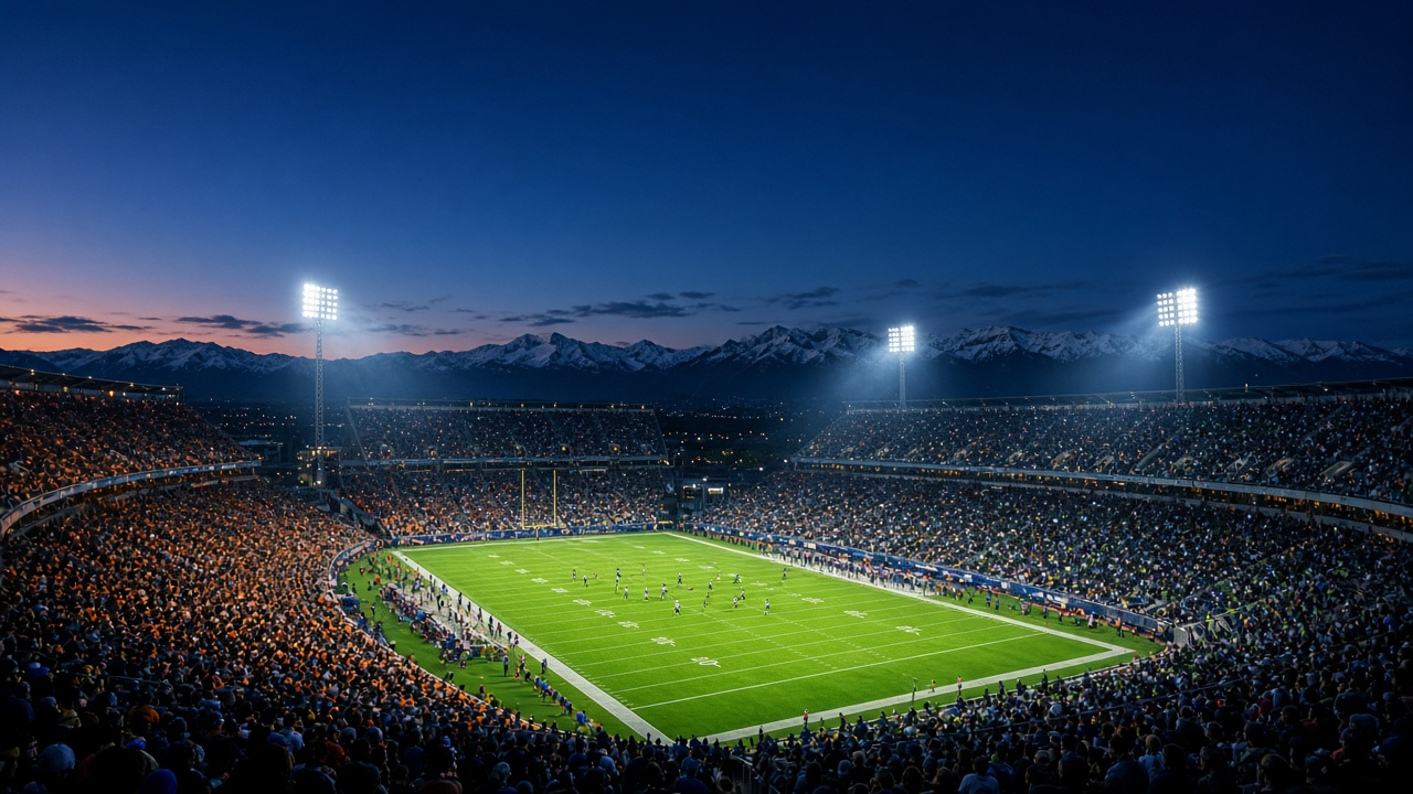 Open-air football stadium at dusk with packed stands, light towers glowing over a green field and snowcapped mountains on the horizon