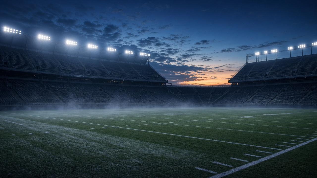 An empty football stadium at dusk with bright lights and mist drifting over the green field